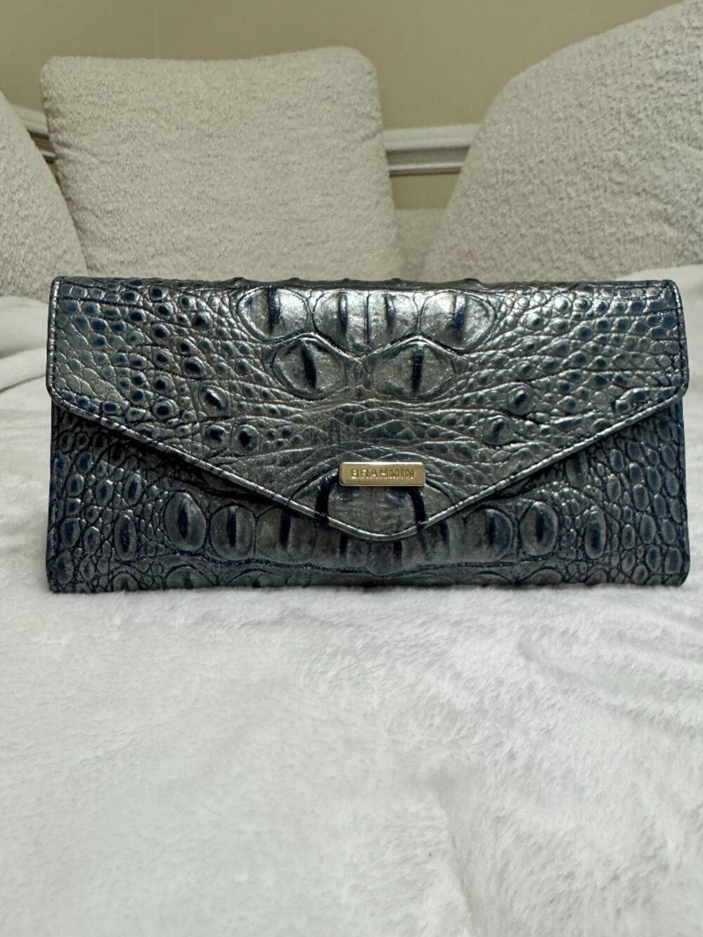 Brahmin Veronica Serenity Melbourne Leather Envelope Wallet Silver Blue Ombre